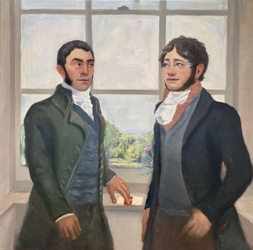 General José de San Martin with James Duff, IV Earl of fife in front of a window discussing. Oil on canvas - 80 x 80 cm